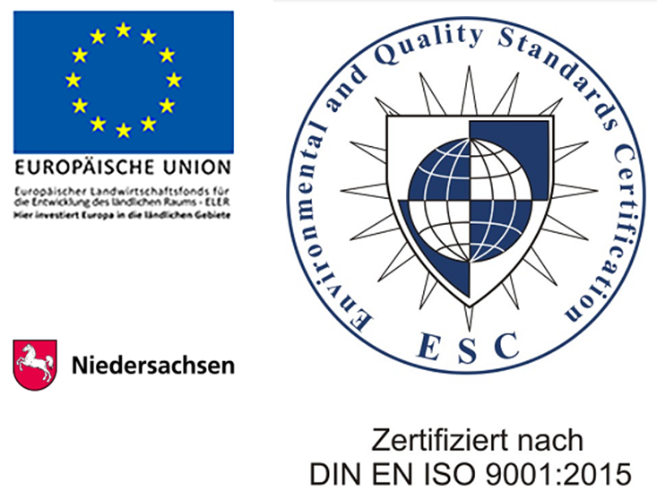 Logo Niedersachsen, Logo Europäische Union, DIN-Zertifizierung